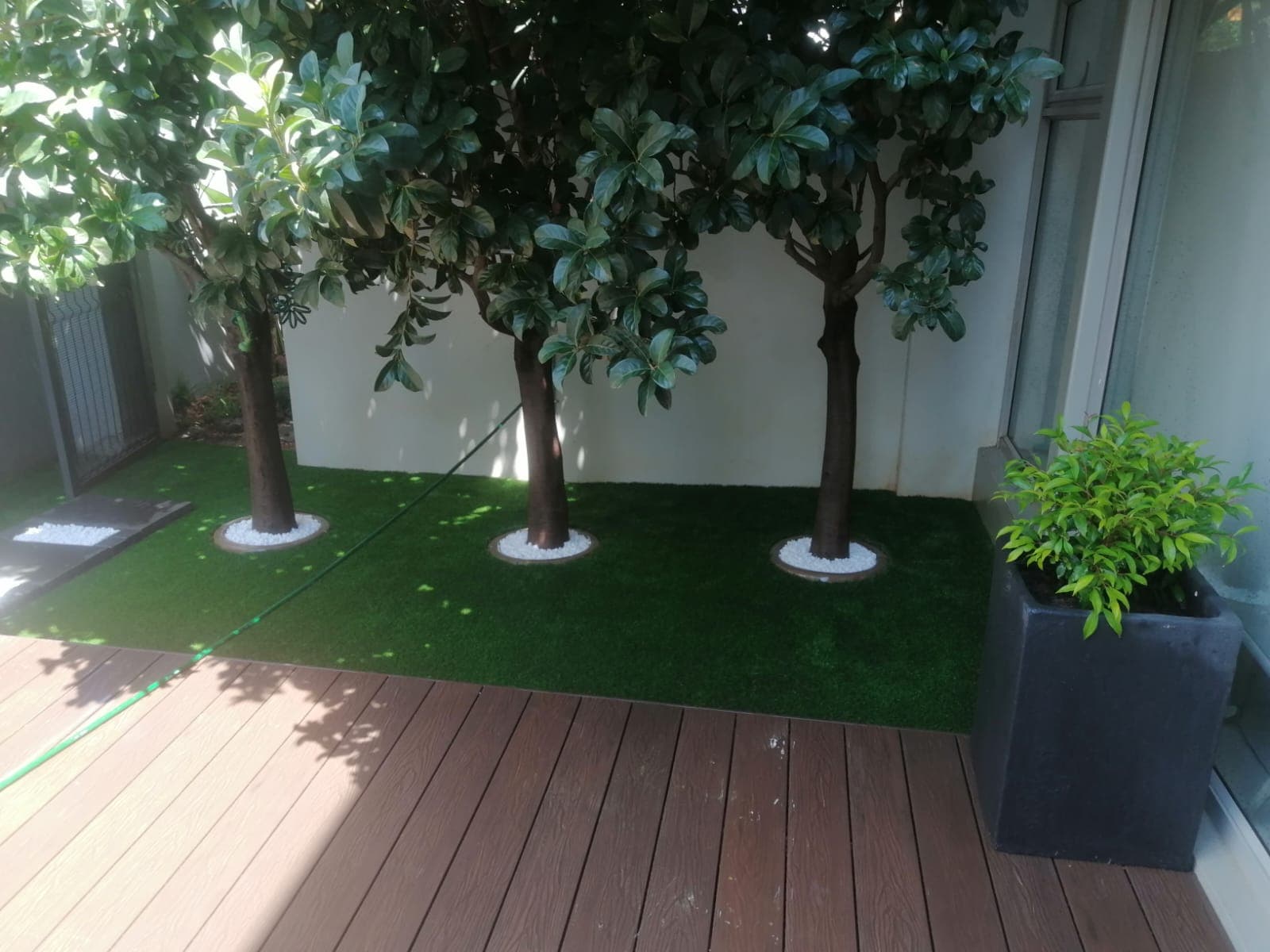 Composite timber deck with artificial lawn and feature trees in Centurion